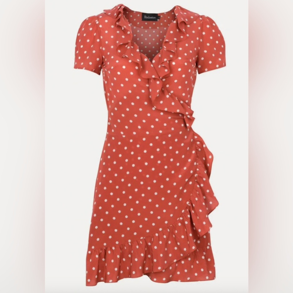 Realisation Par Valentina Rust Polka Dot Wrap Dress in size small
